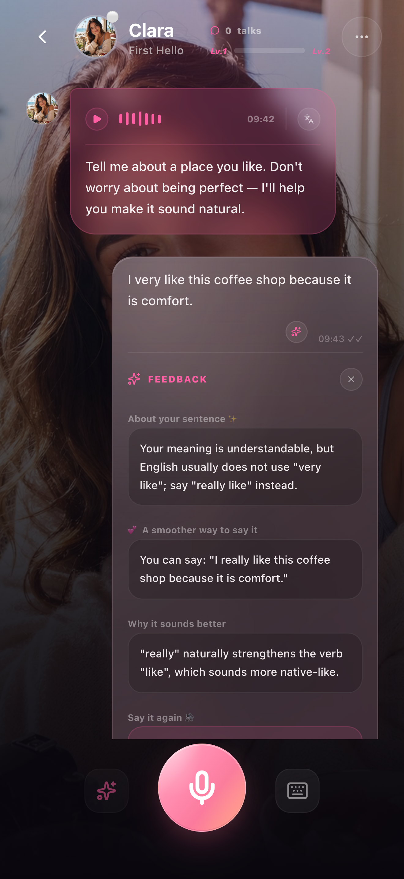 Sweetalk chat correction feedback screen in the iOS app