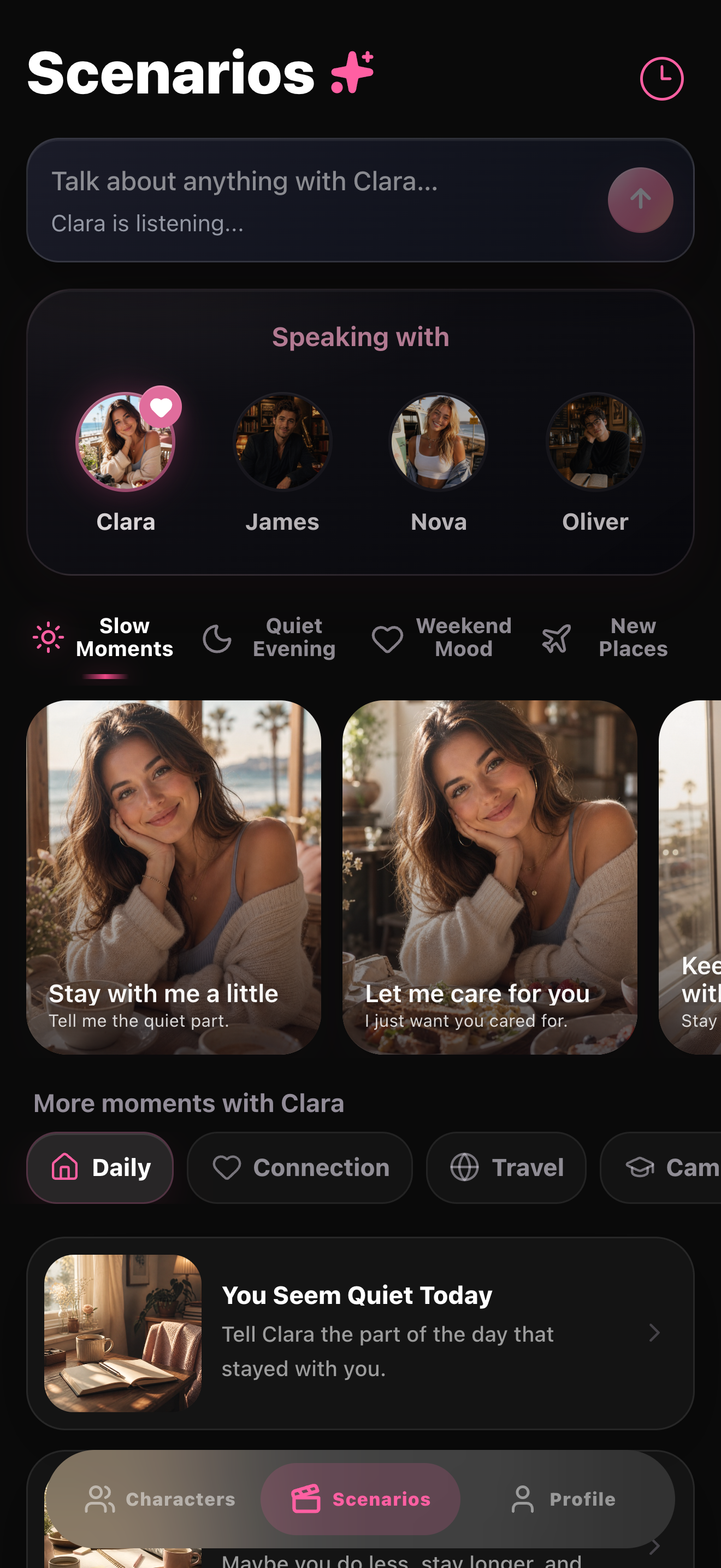 Sweetalk Scenarios screen in the iOS app